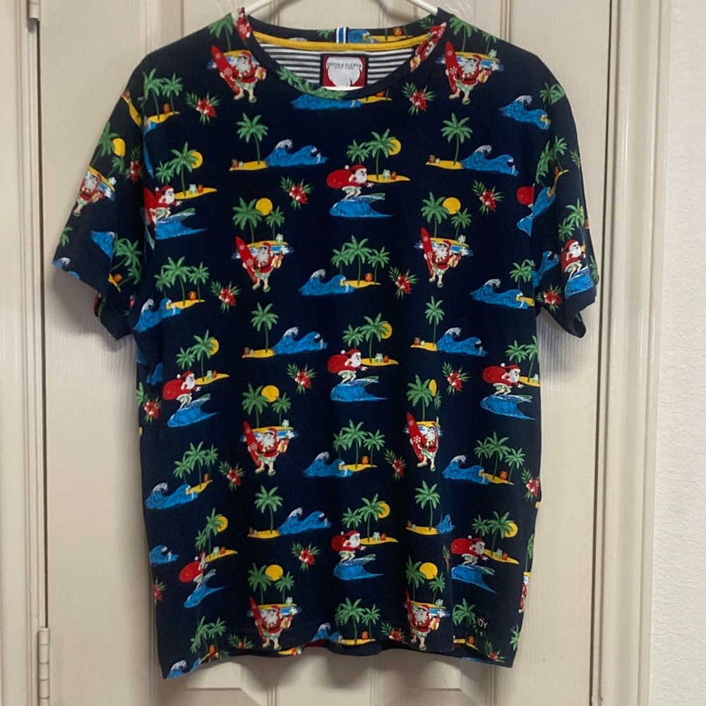 Denim & Flower Ricky Singh Surfing Santa Christmas Tropical All Over Print Sz L